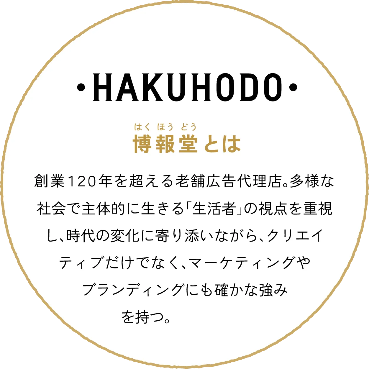 博報堂とは 創業１２０年を超える老舗広告代理店。多様な社会で主体的に生きる「生活者」の視点を重視し、時代の変化に寄り添いながら、クリエイティブだけでなく、マーケティングやブランディングにも確かな強みを持つ。
