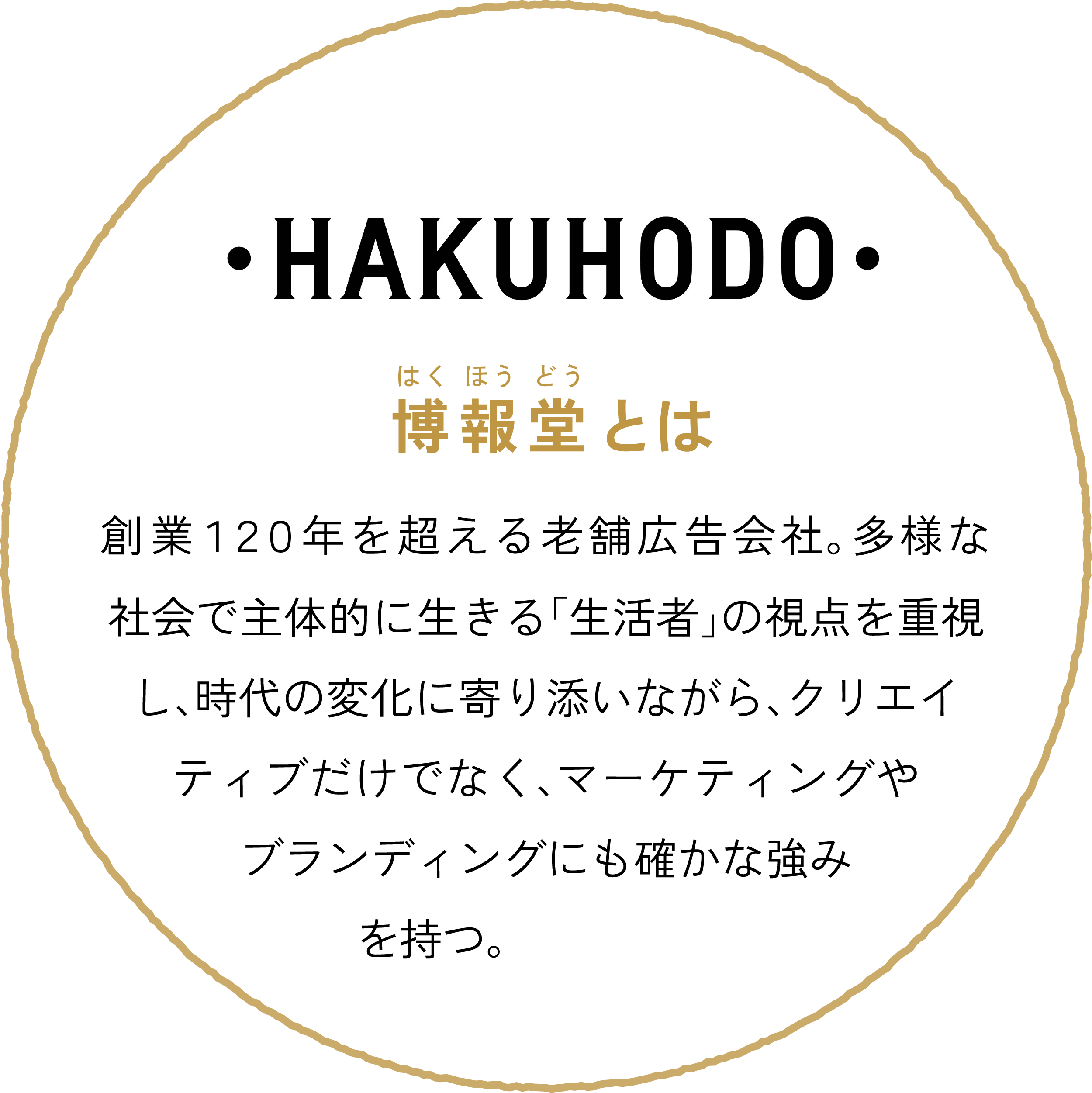 博報堂とは 創業１２０年を超える老舗広告会社。多様な社会で主体的に生きる「生活者」の視点を重視し、時代の変化に寄り添いながら、クリエイティブだけでなく、マーケティングやブランディングにも確かな強みを持つ。