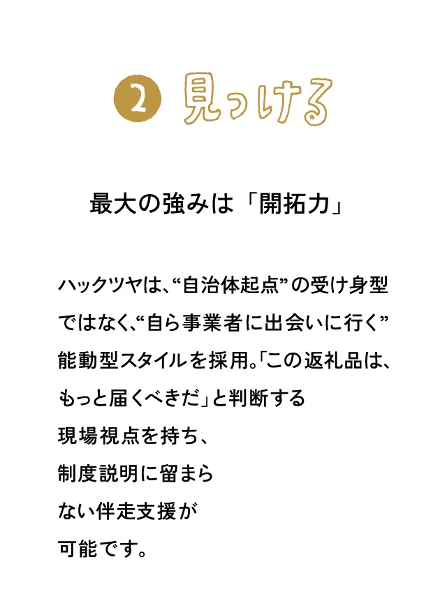 最大の強みは「開拓力」 ハックツヤは、“自治体起点”の受け身型ではなく、“自ら事業者に出会いに行く”能動型スタイルを採用。「この返礼品は、もっと届くべきだ」と判断する現場視点を持ち、制度説明に留まらない伴走支援が可能です。